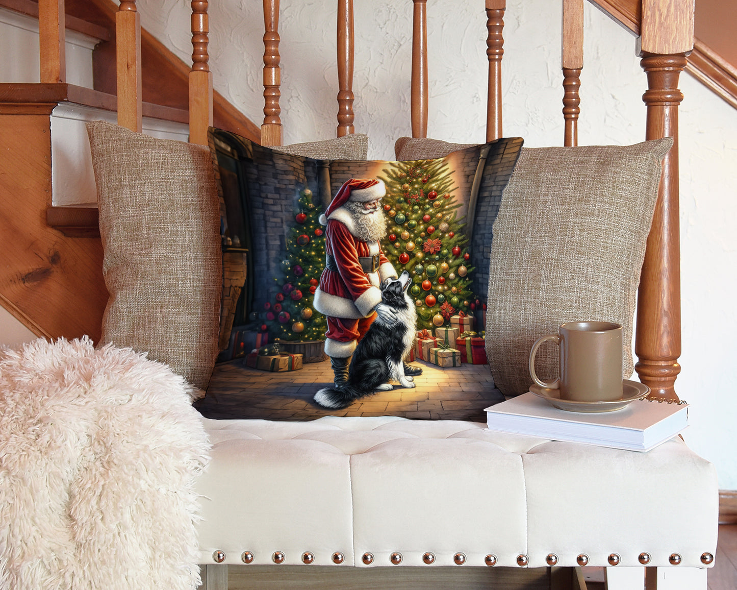 Border Collie and Santa Claus Throw Pillow