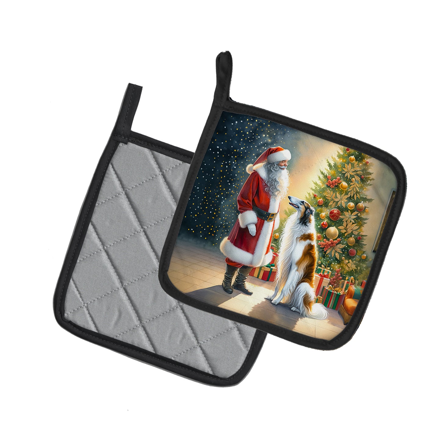 Borzoi and Santa Claus Pair of Pot Holders