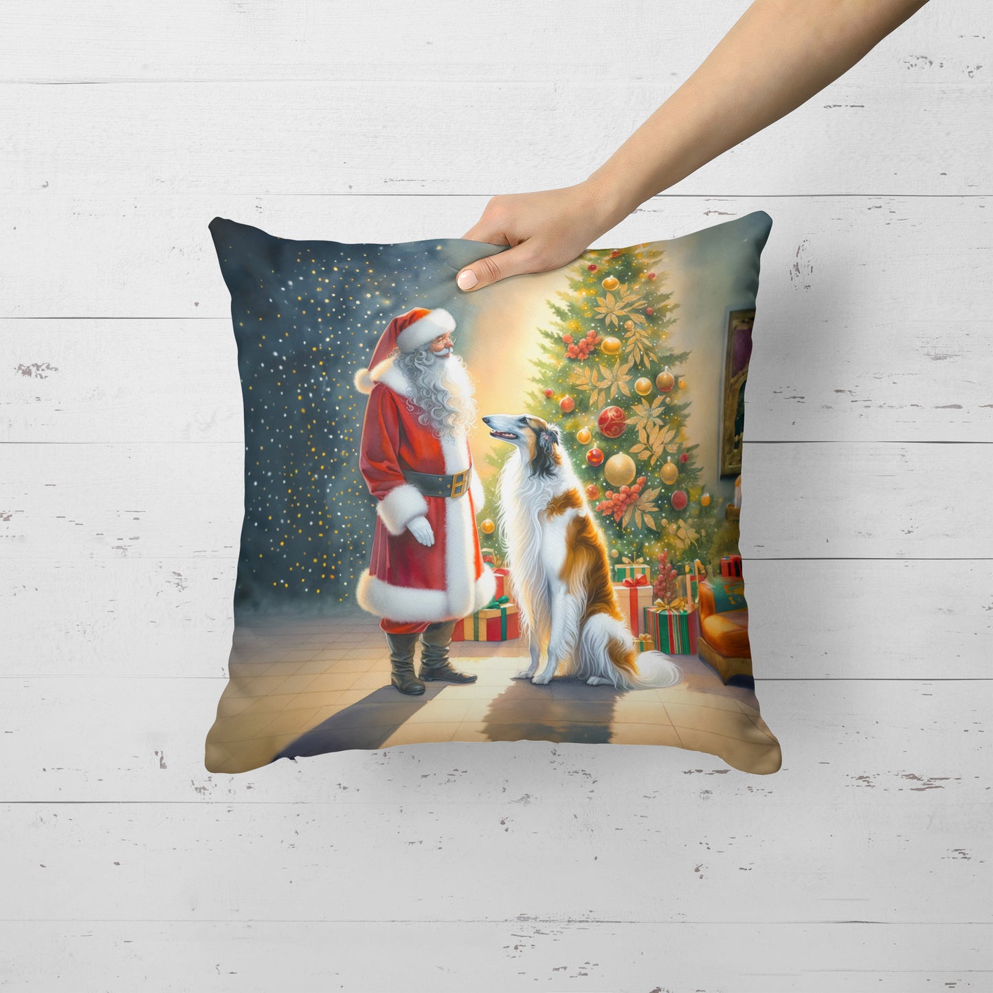 Borzoi and Santa Claus Throw Pillow