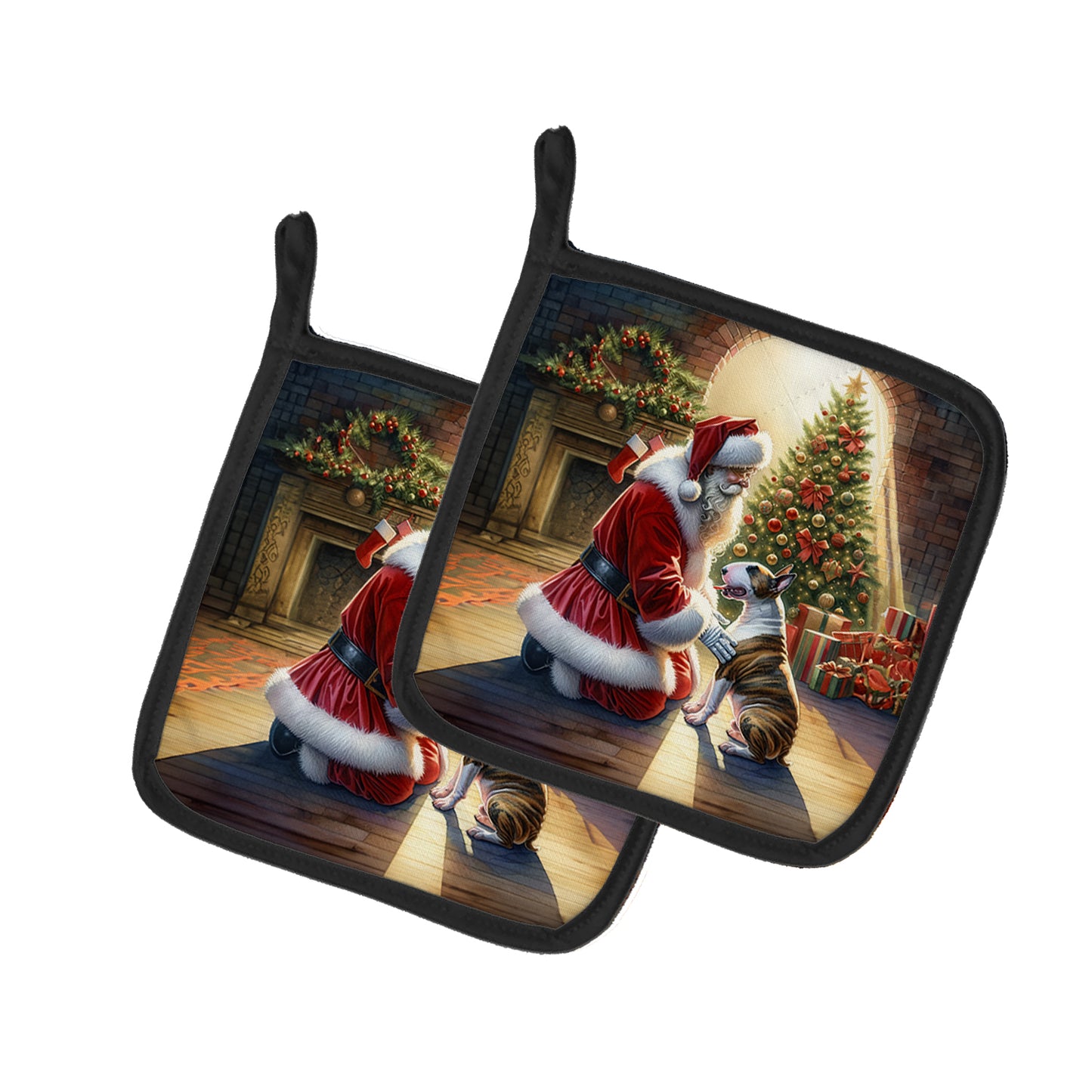 Buy this Bull Terrier and Santa Claus Pair of Pot Holders