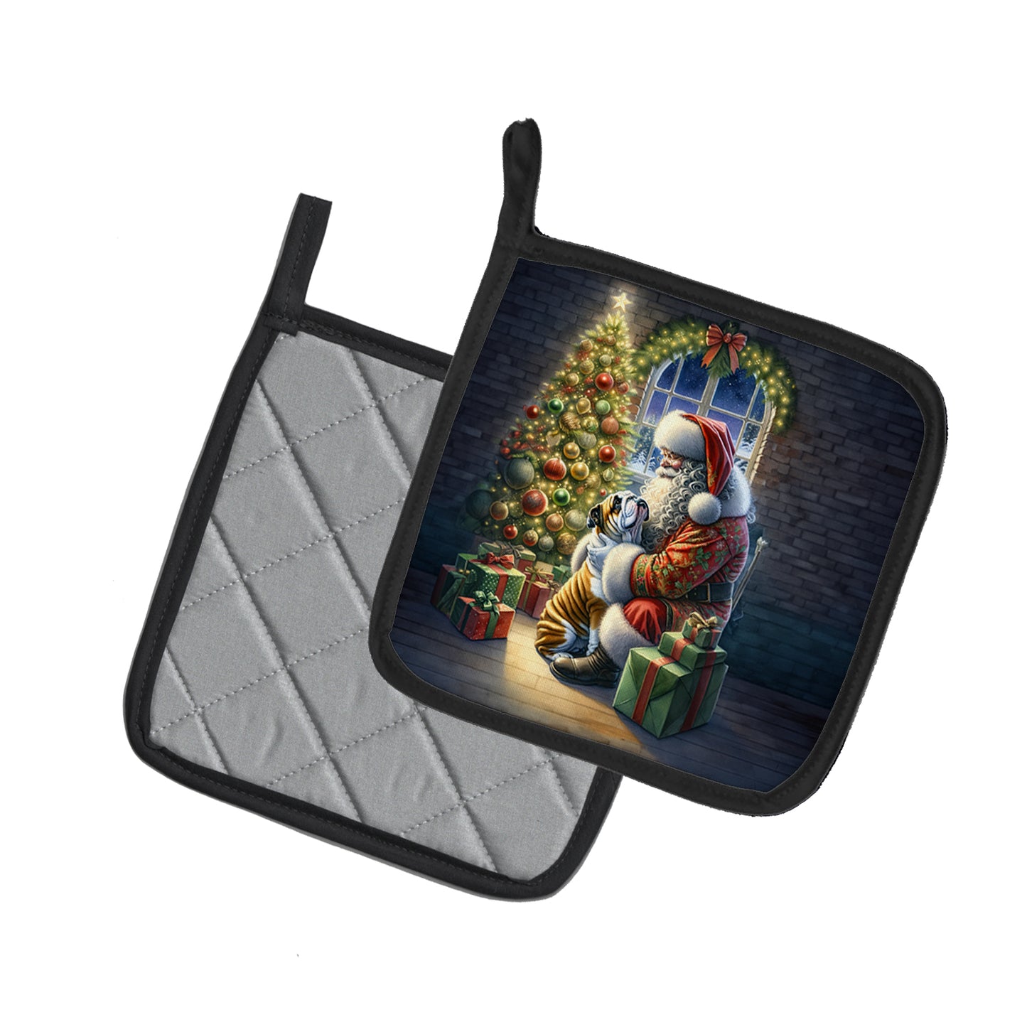 English Bulldog and Santa Claus Pair of Pot Holders
