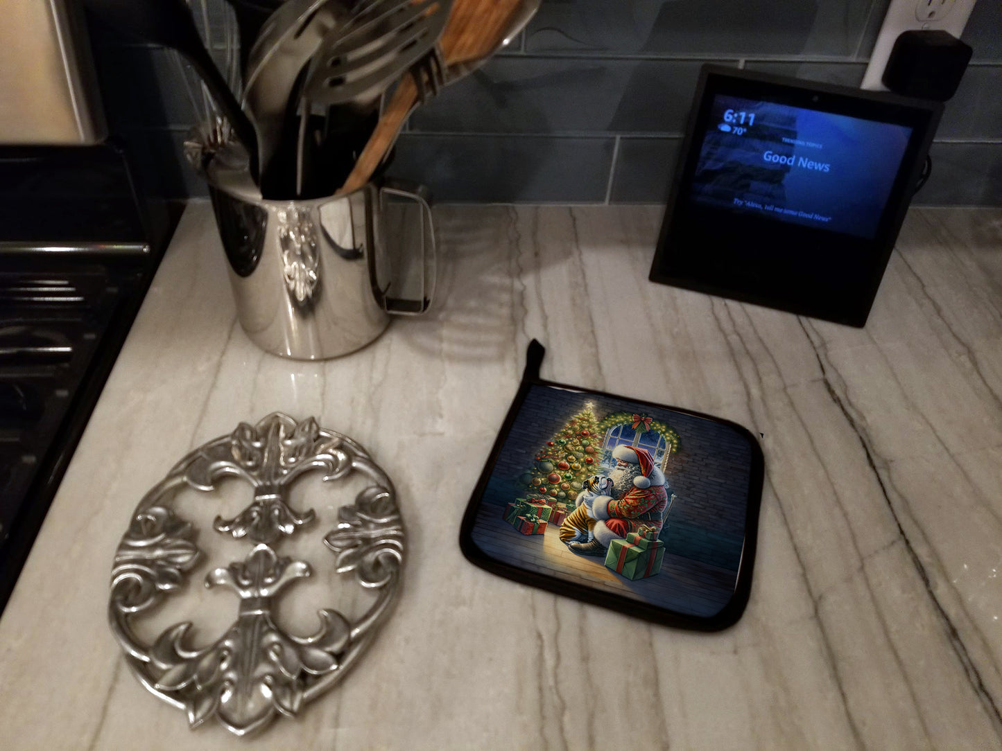 English Bulldog and Santa Claus Pair of Pot Holders