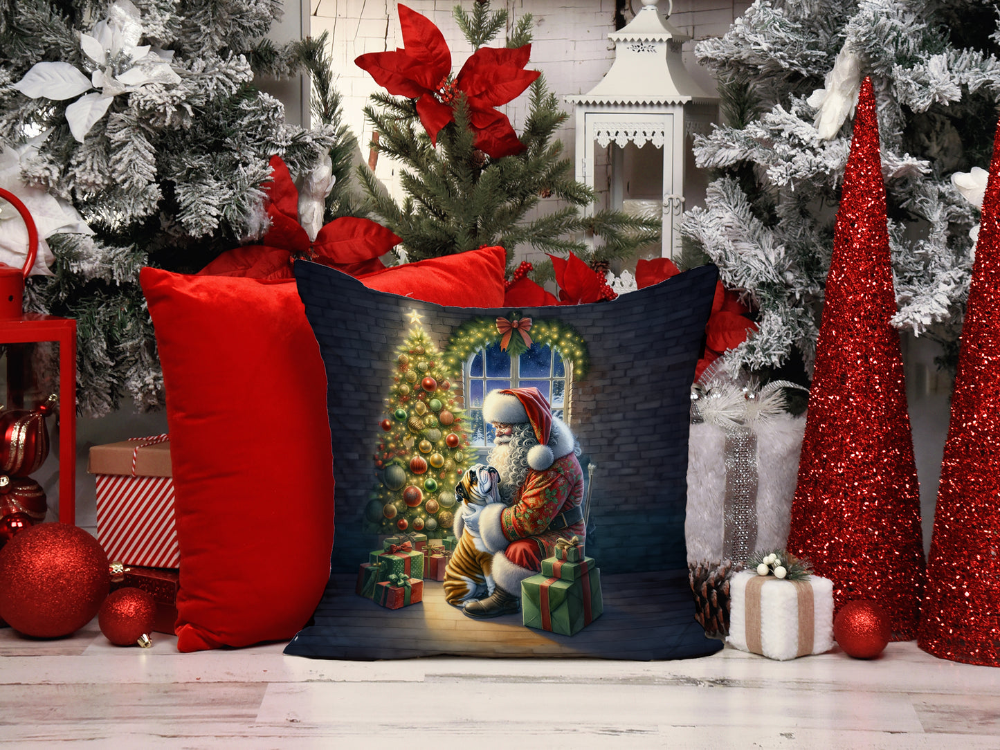 English Bulldog and Santa Claus Throw Pillow