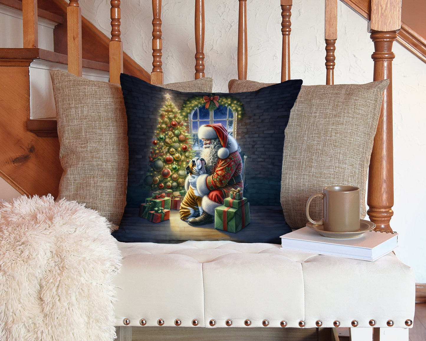 English Bulldog and Santa Claus Throw Pillow