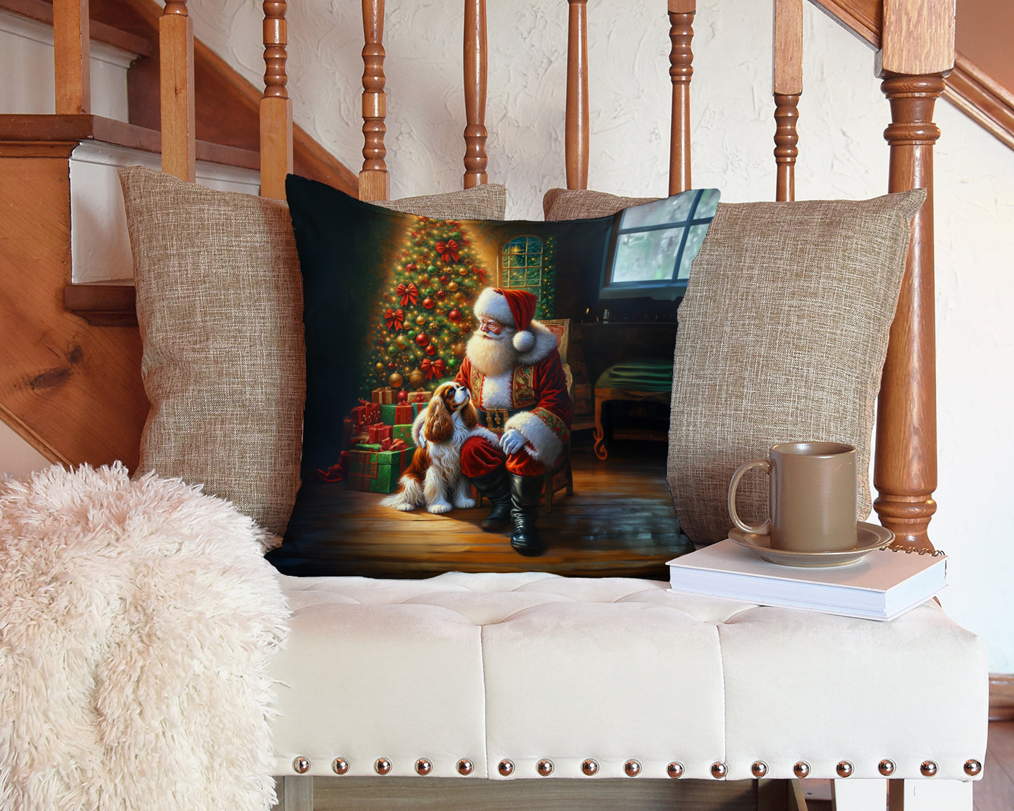 Cavalier Spaniel and Santa Claus Throw Pillow