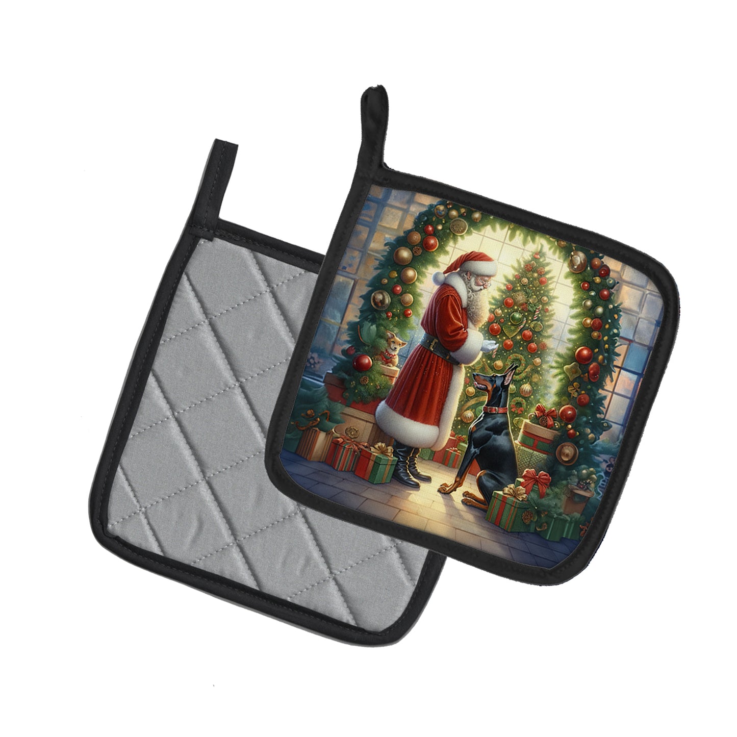 Doberman Pinscher and Santa Claus Pair of Pot Holders