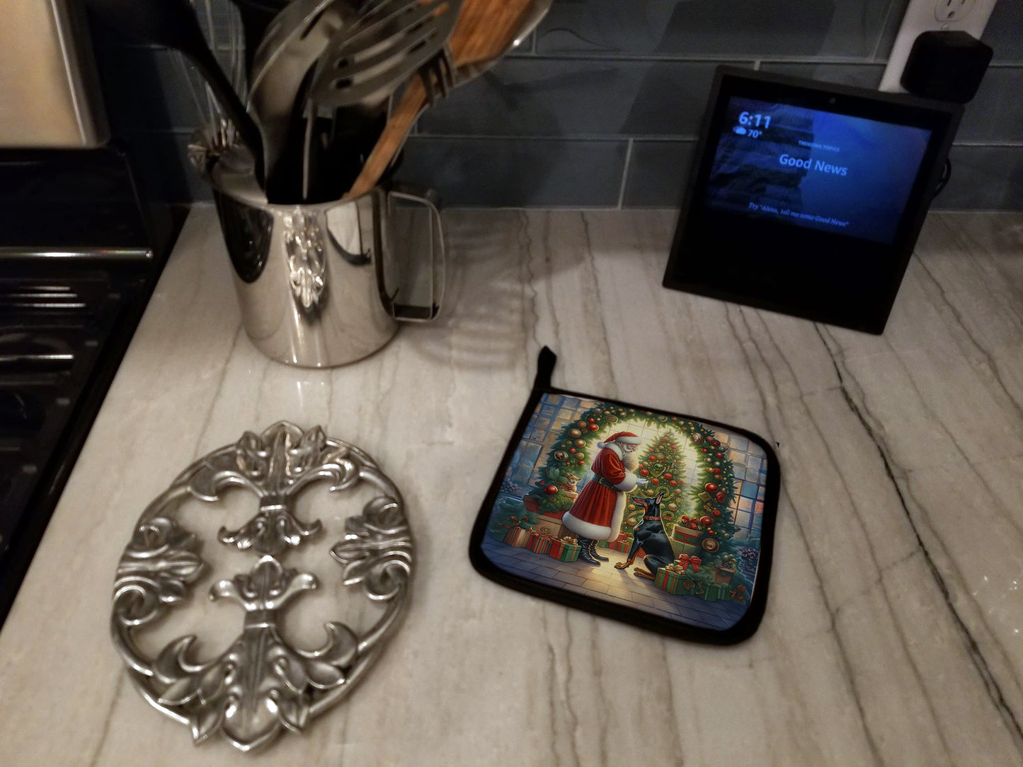 Doberman Pinscher and Santa Claus Pair of Pot Holders