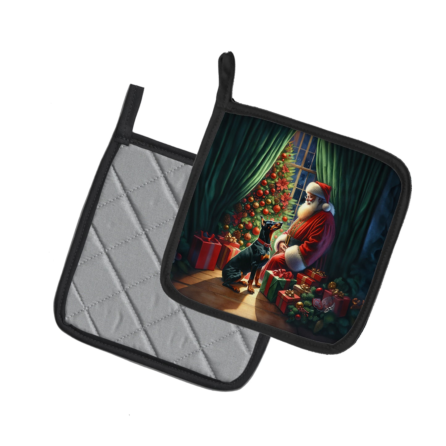 Doberman Pinscher and Santa Claus Pair of Pot Holders