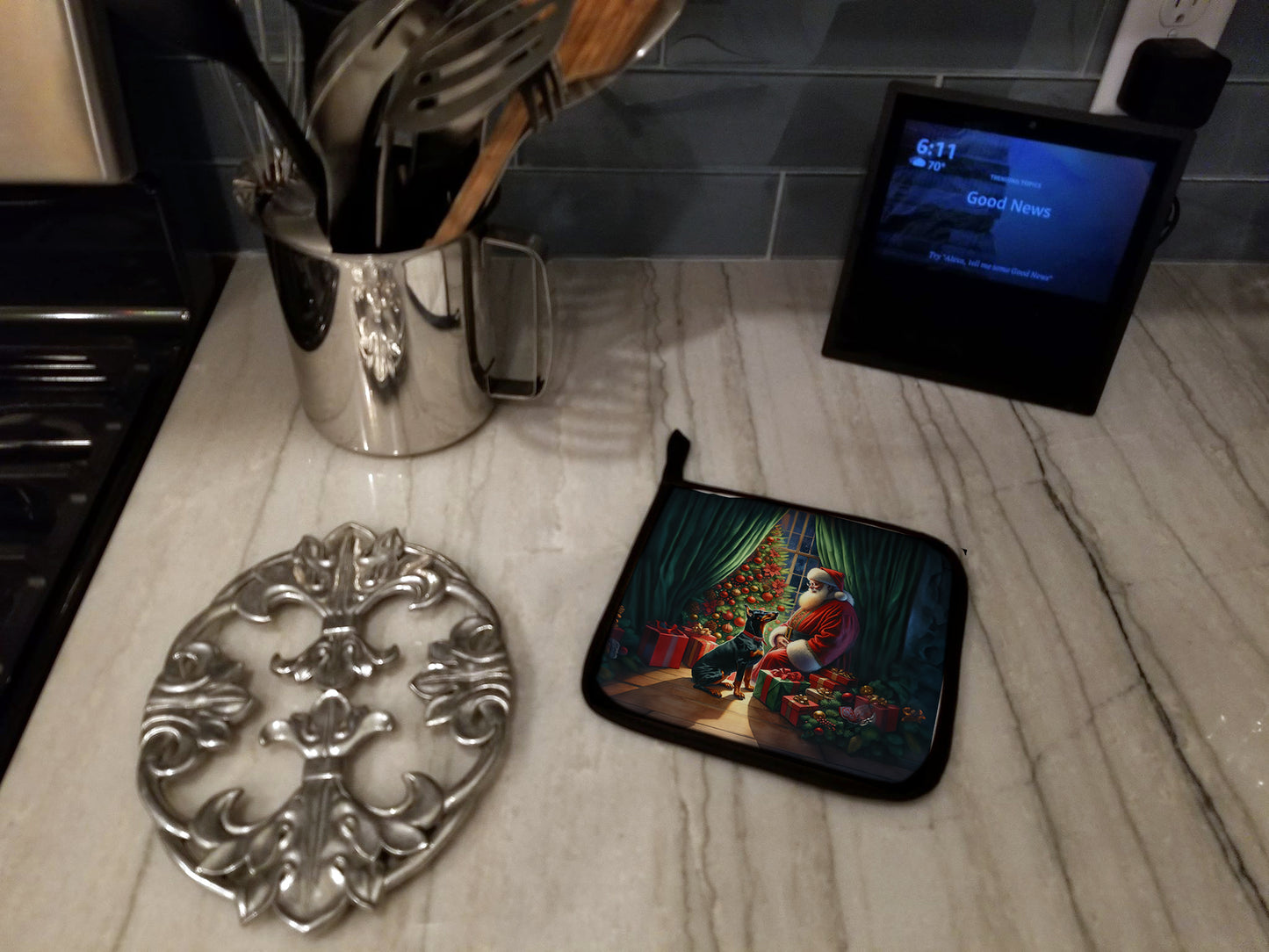 Doberman Pinscher and Santa Claus Pair of Pot Holders