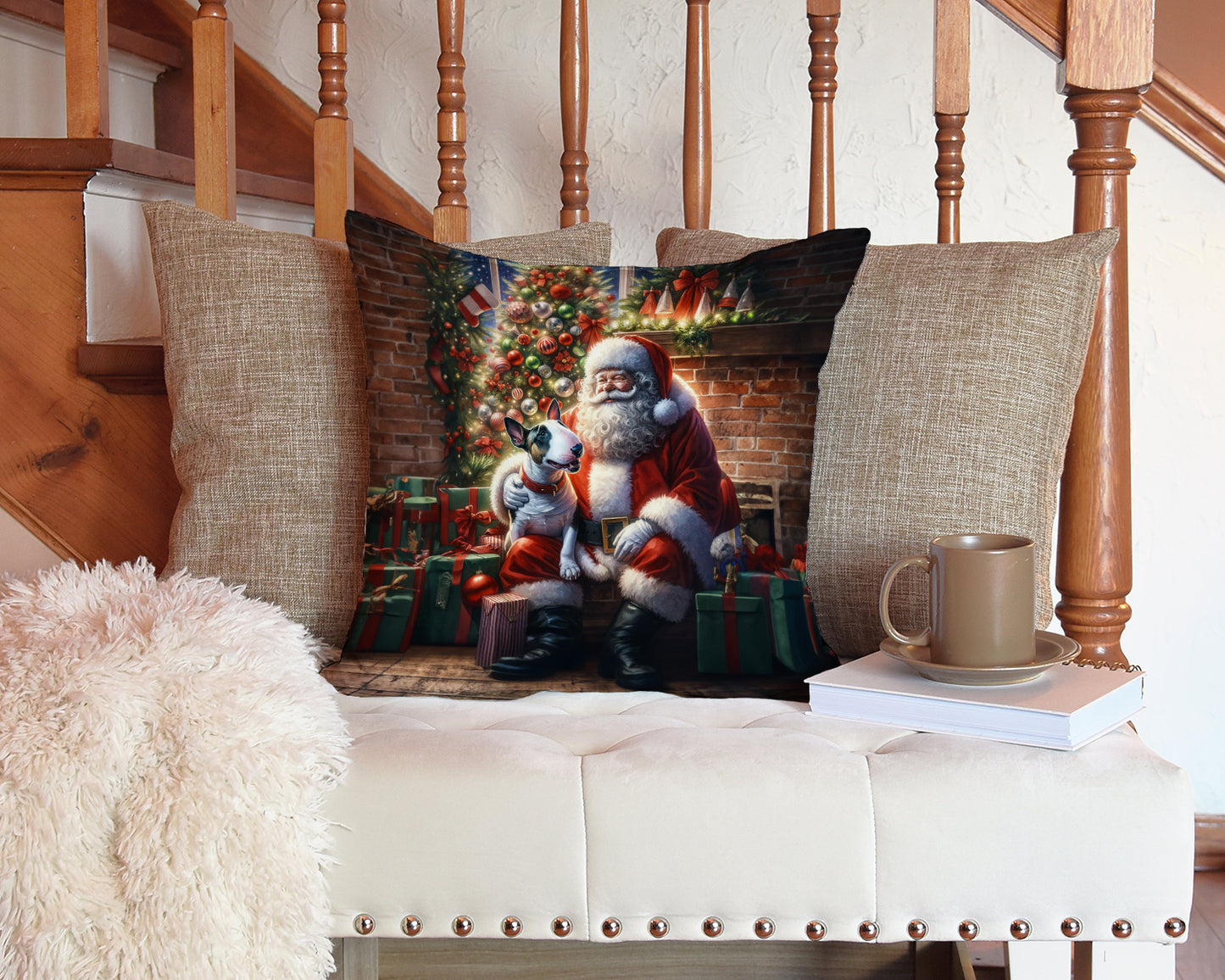 English Bull Terrier and Santa Claus Throw Pillow