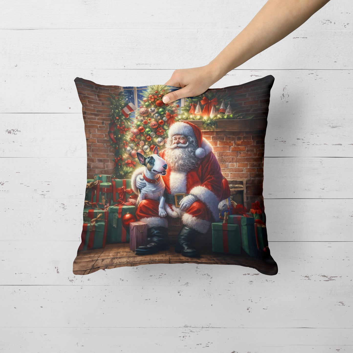 English Bull Terrier and Santa Claus Throw Pillow