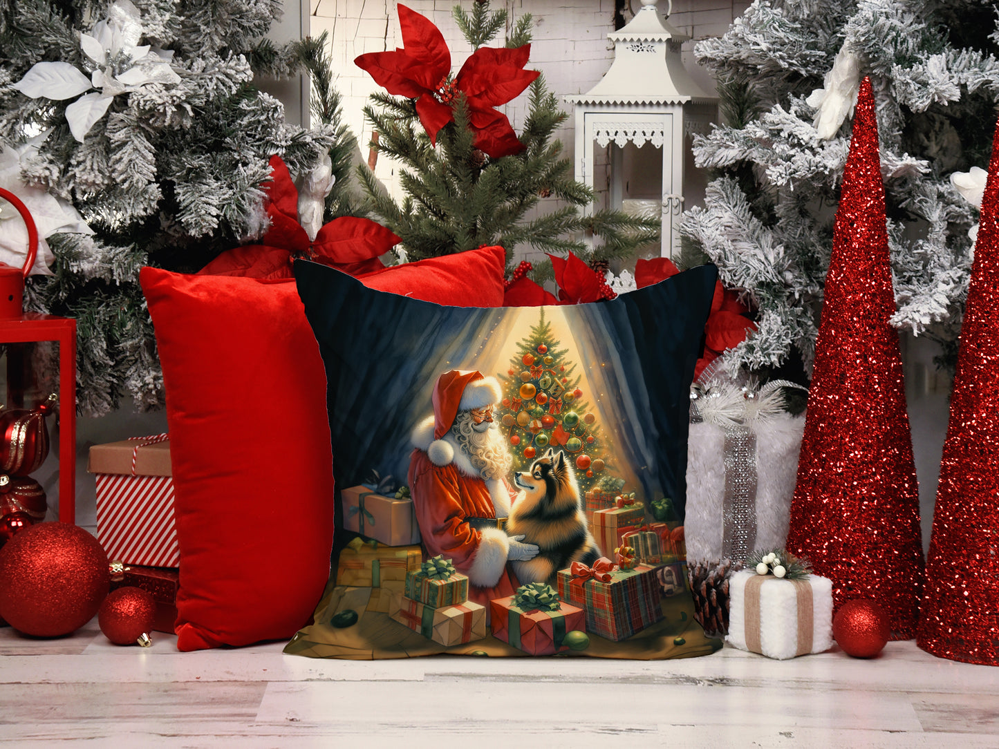 Finnish Spitz and Santa Claus Throw Pillow