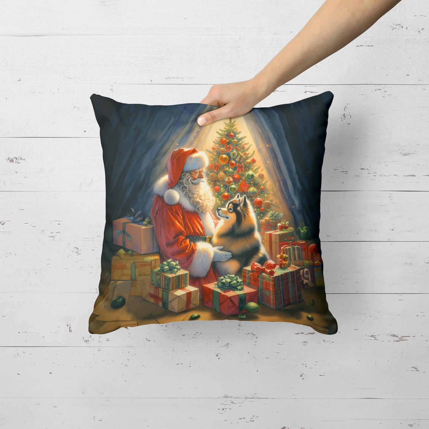 Finnish Spitz and Santa Claus Throw Pillow