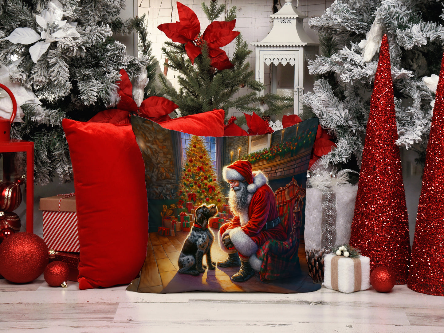 German Wirehaired Pointer and Santa Claus Throw Pillow