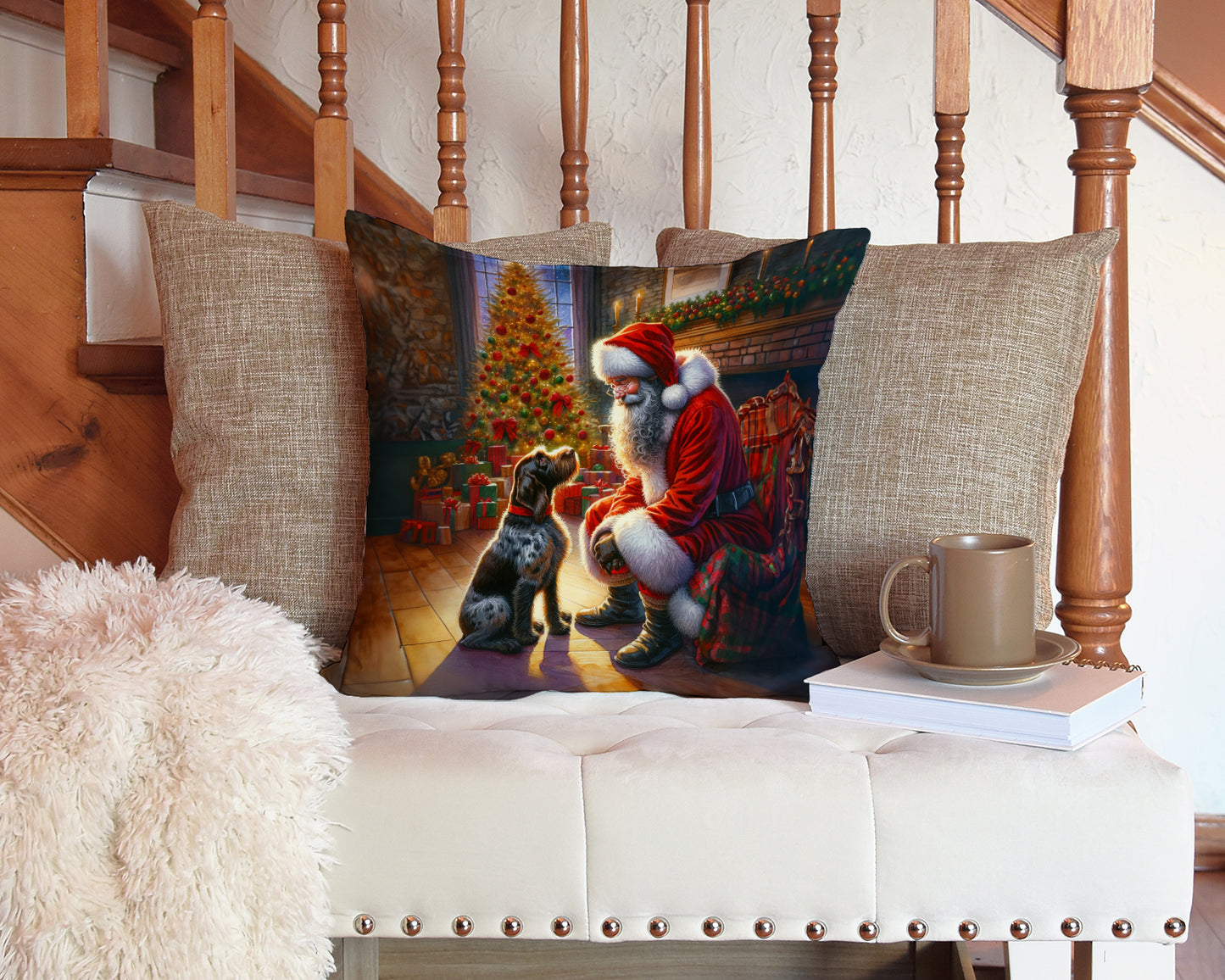 German Wirehaired Pointer and Santa Claus Throw Pillow