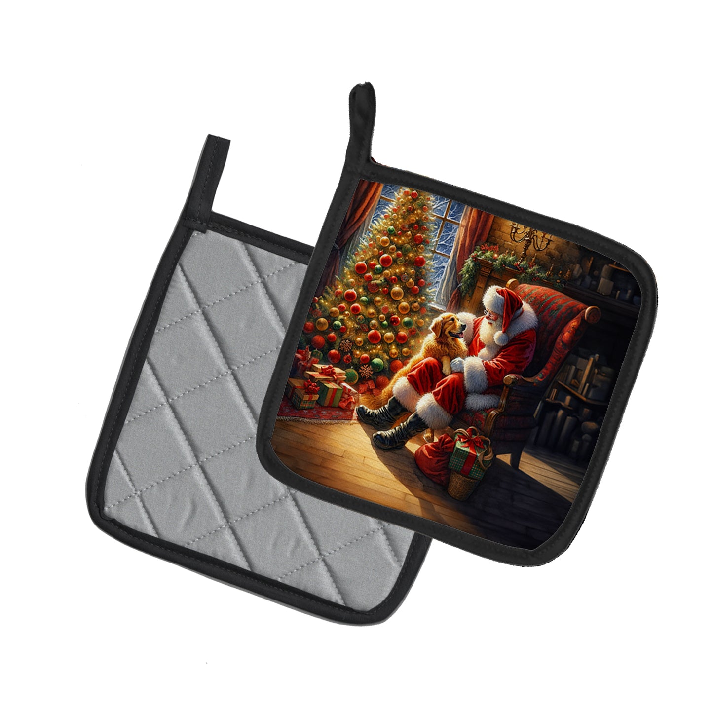 Golden Retriever and Santa Claus Pair of Pot Holders