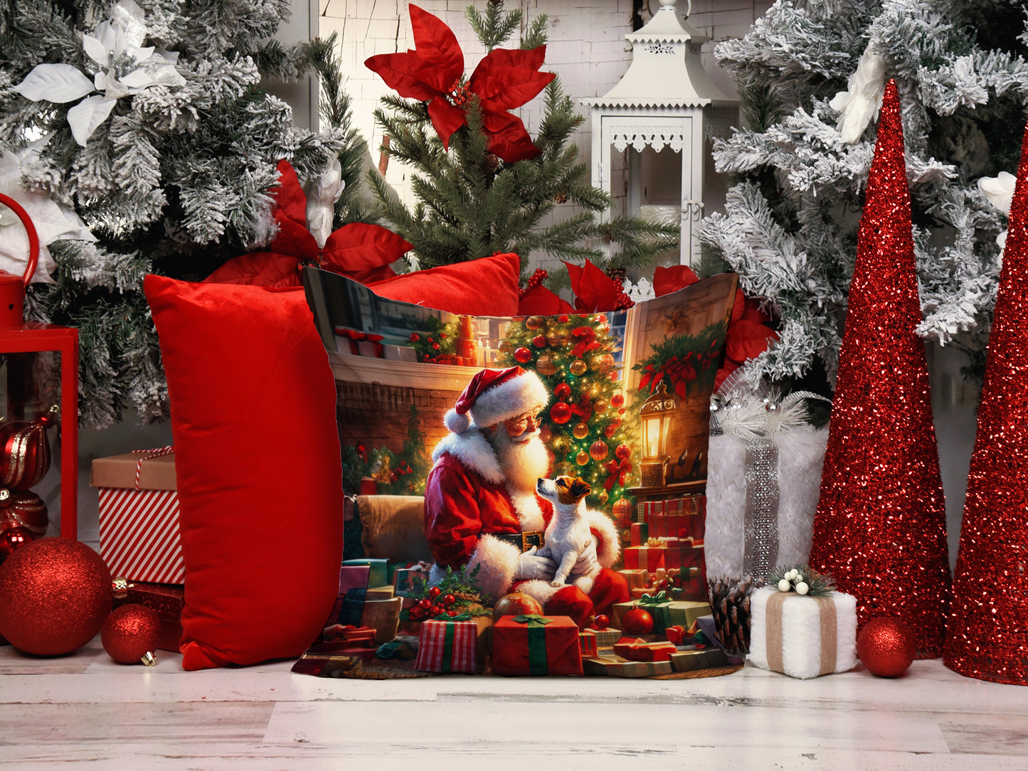 Jack Russell Terrier and Santa Claus Throw Pillow