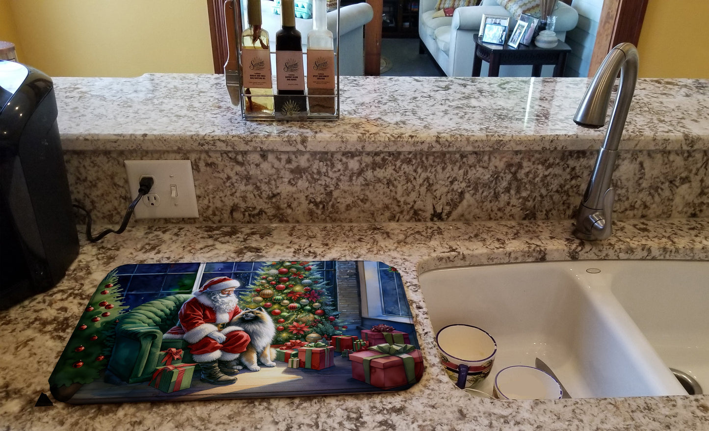 Keeshond and Santa Claus Dish Drying Mat