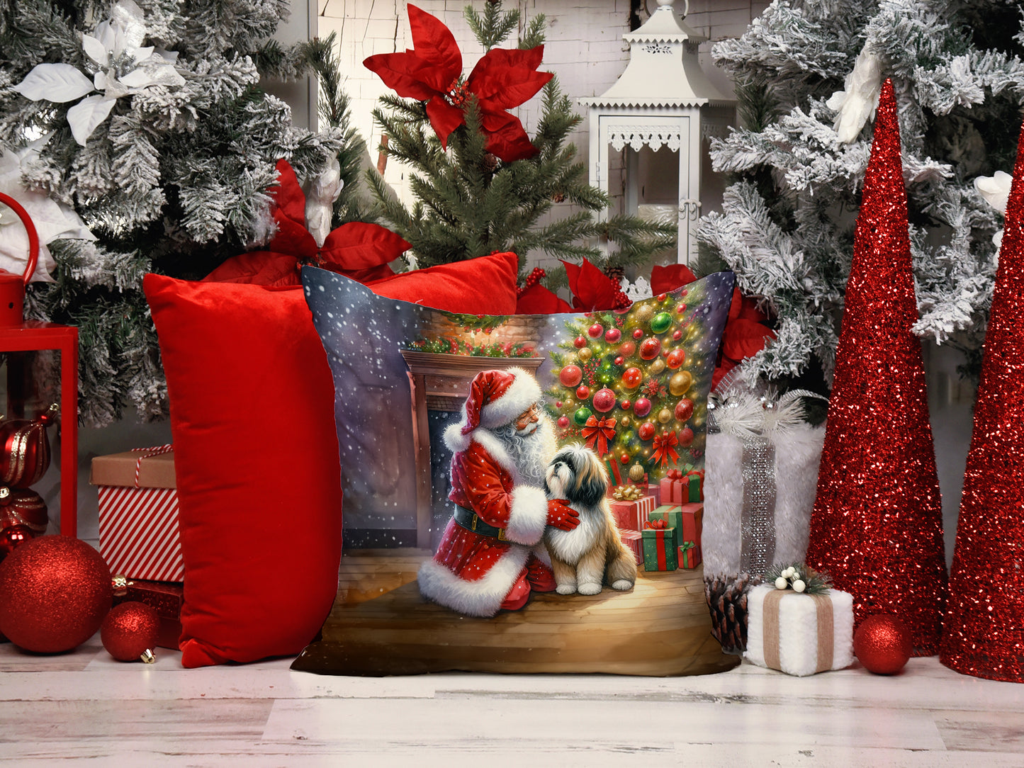 Lhasa Apso and Santa Claus Throw Pillow