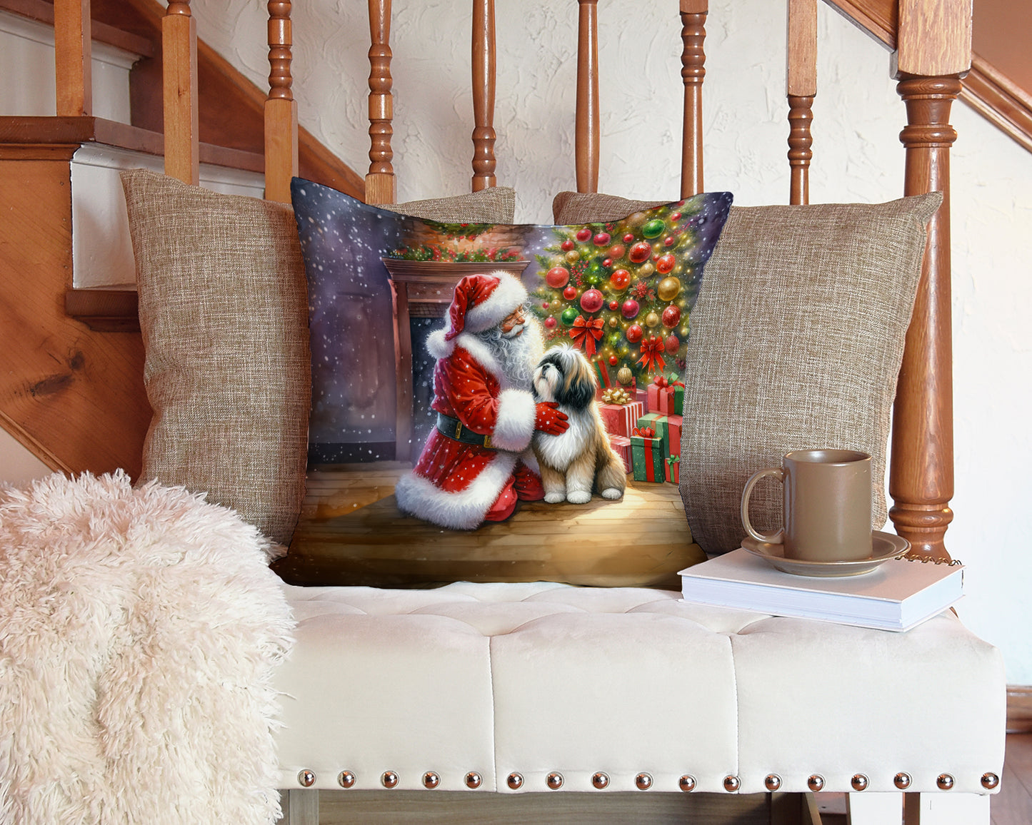 Lhasa Apso and Santa Claus Throw Pillow