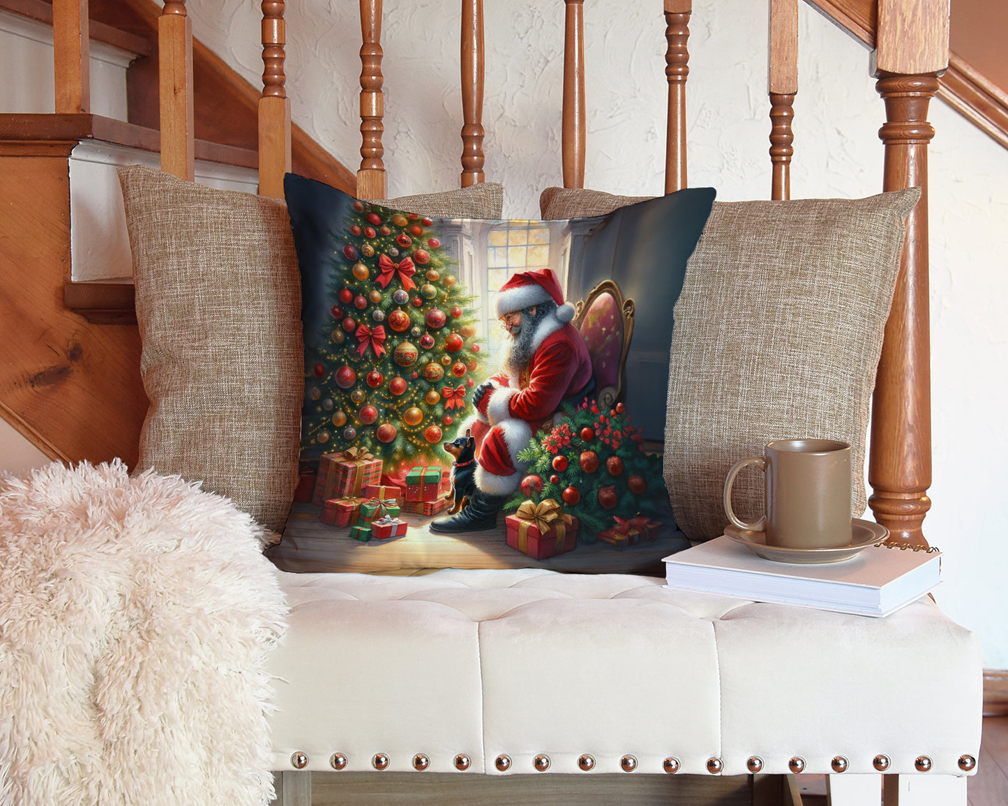 Miniature Pinscher and Santa Claus Throw Pillow