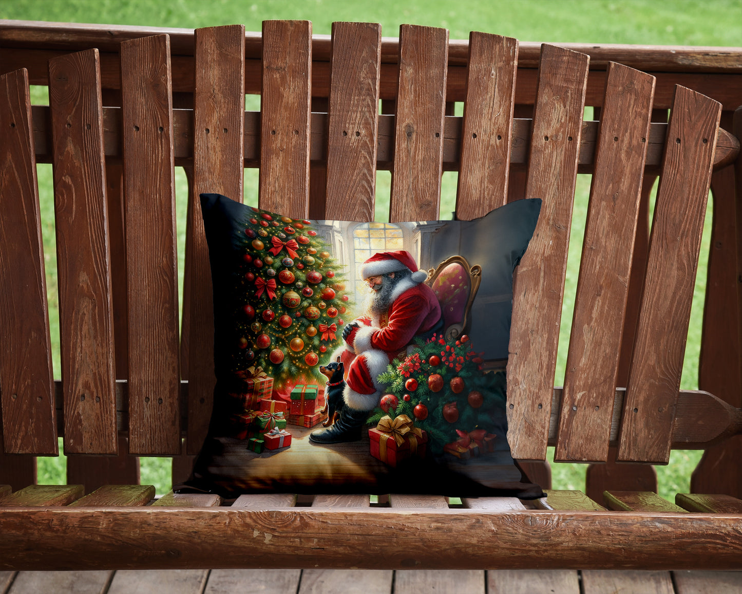 Miniature Pinscher and Santa Claus Throw Pillow