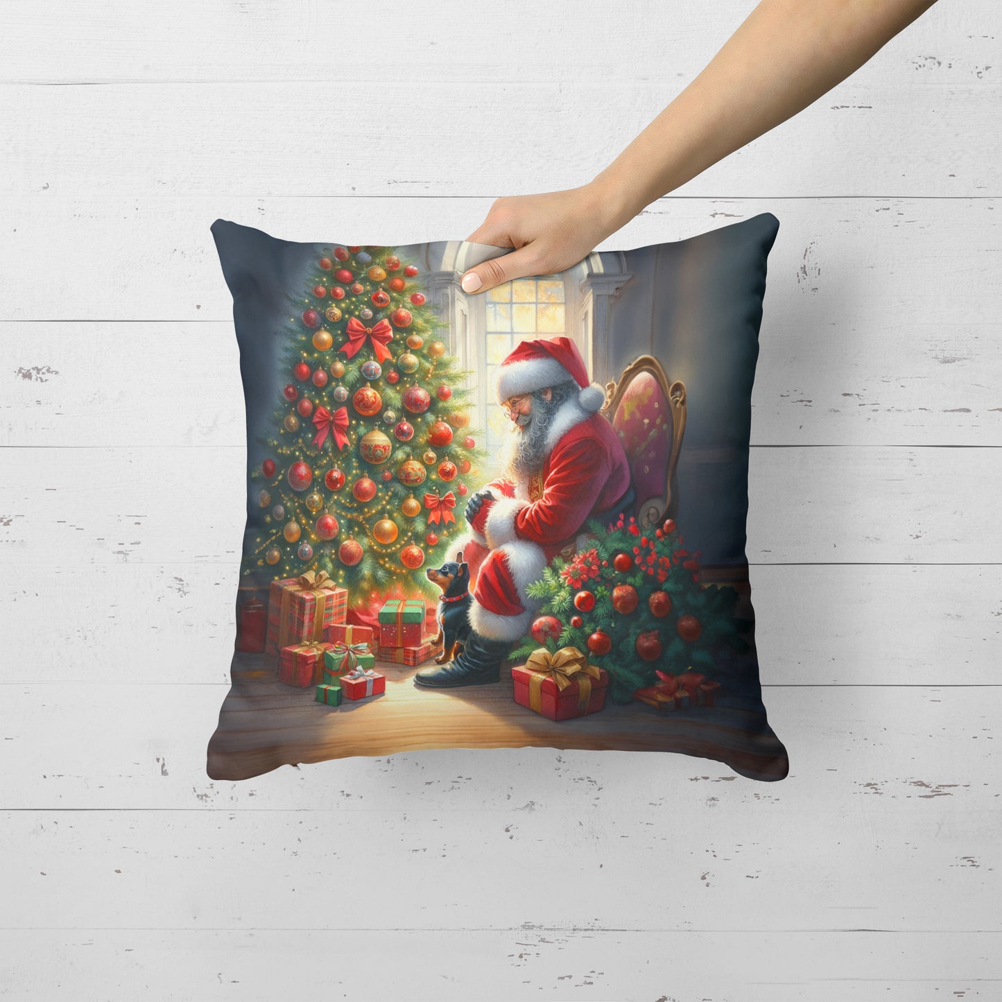 Miniature Pinscher and Santa Claus Throw Pillow