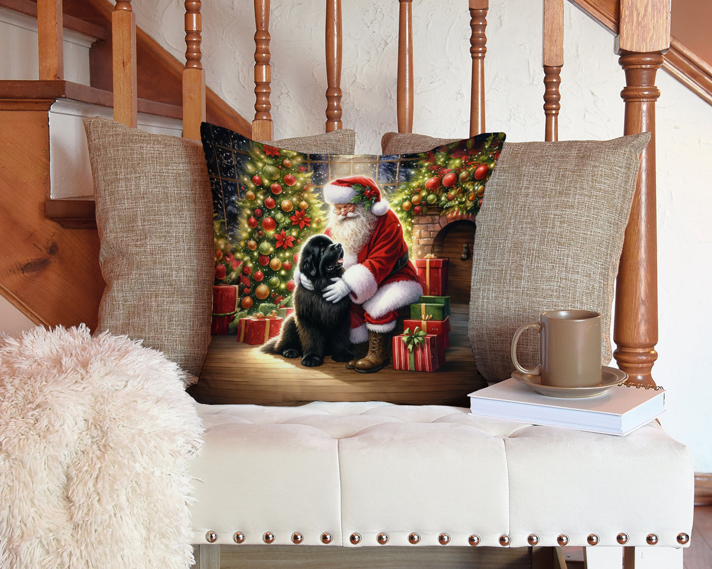 Newfoundland and Santa Claus Throw Pillow