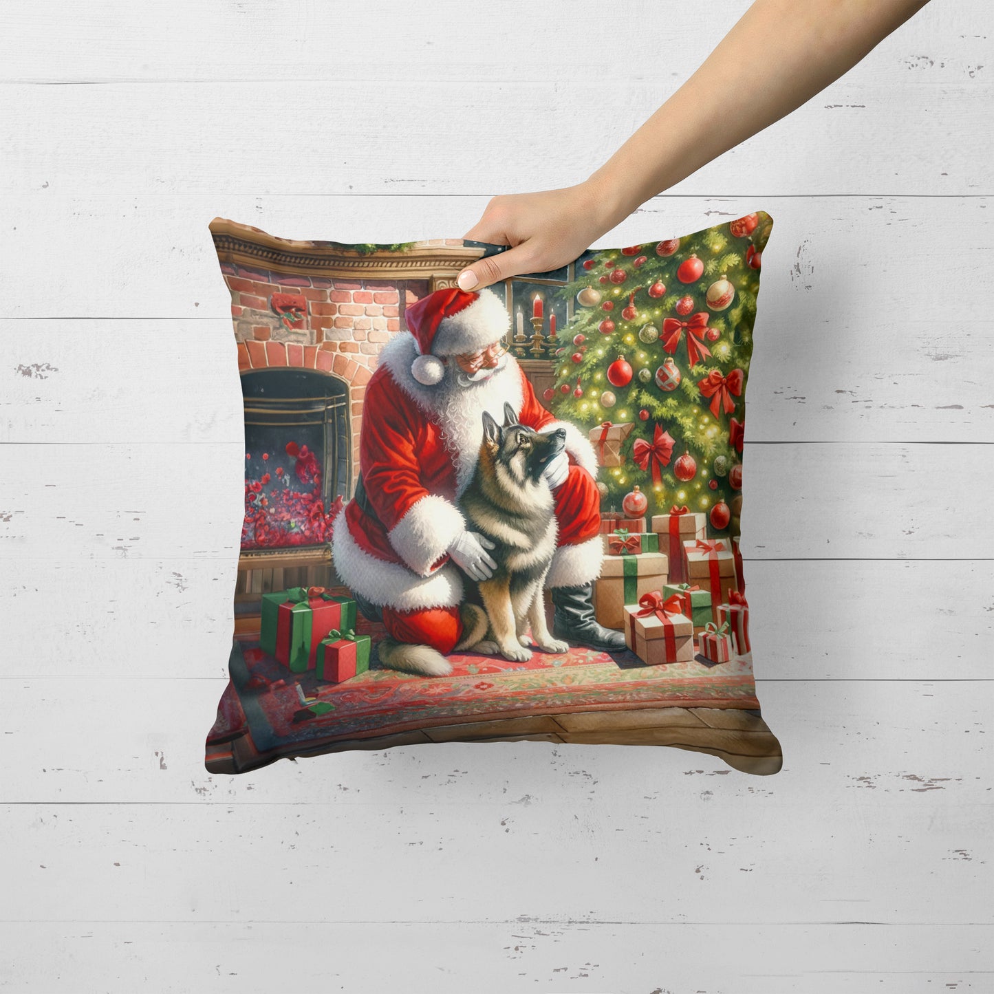 Norwegian Elkhound and Santa Claus Throw Pillow