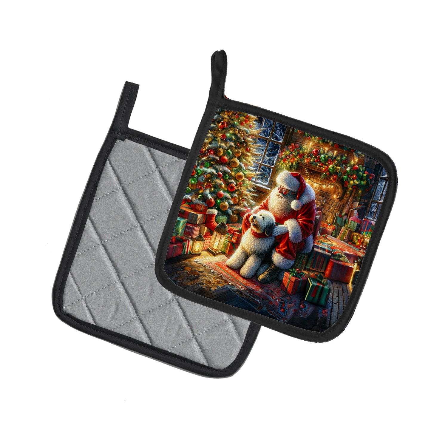 Old English Sheepdog and Santa Claus Pair of Pot Holders