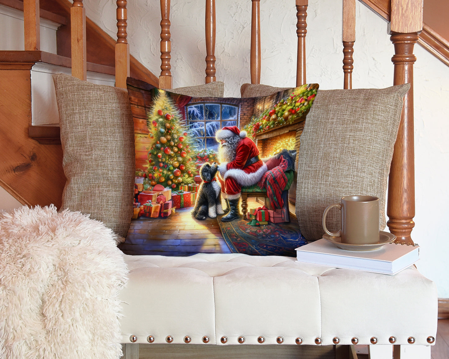 Portuguese Water Dog and Santa Claus Throw Pillow