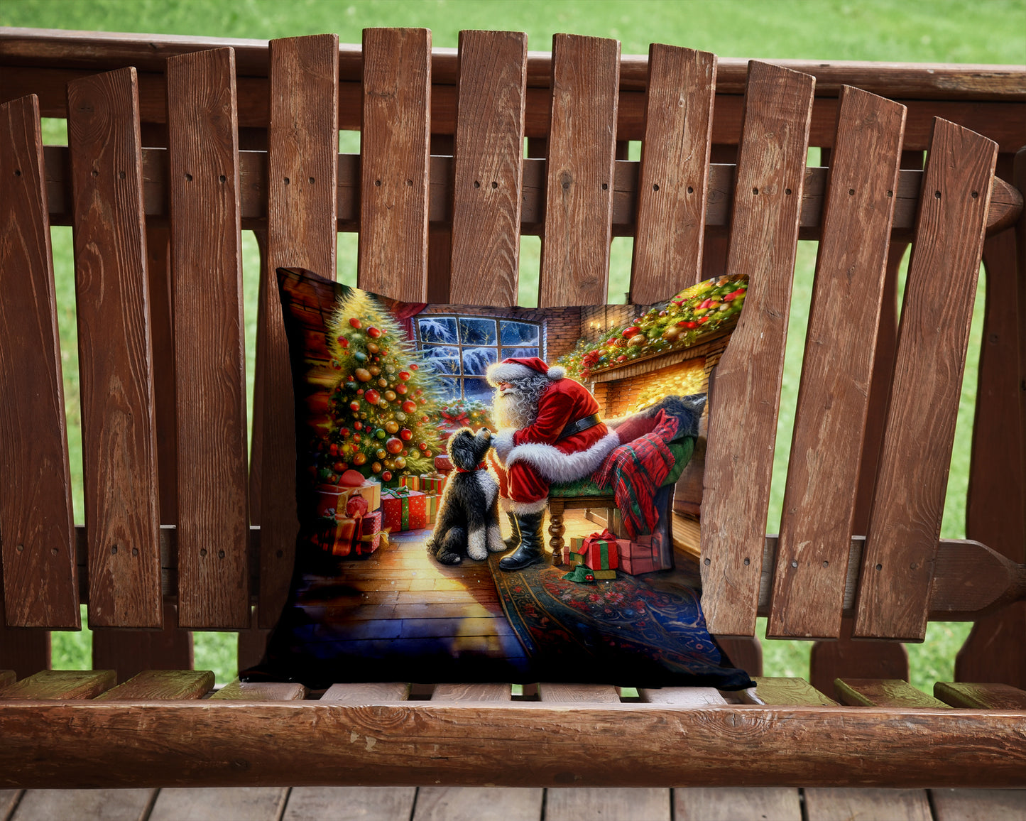 Portuguese Water Dog and Santa Claus Throw Pillow