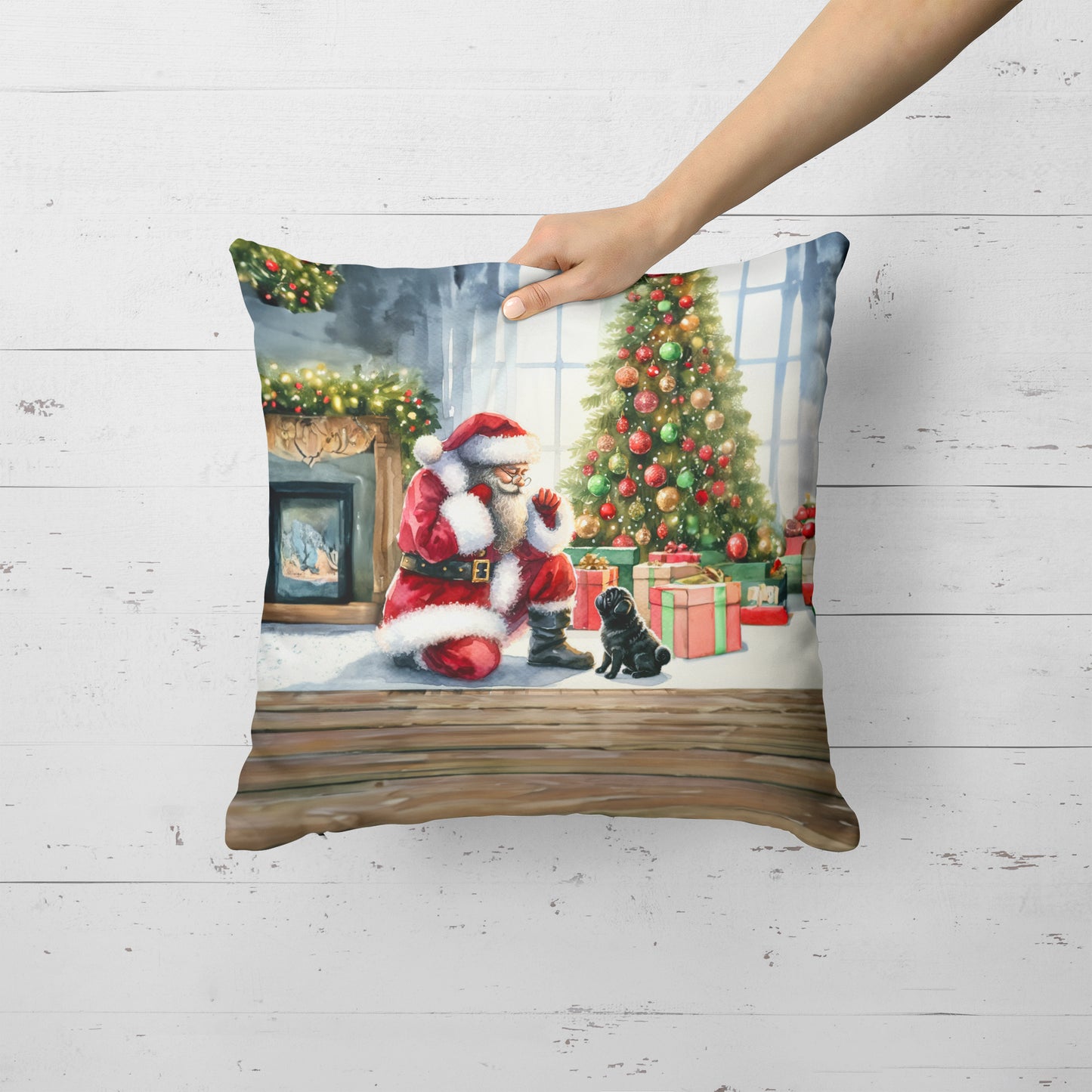 Black Pug and Santa Claus Throw Pillow