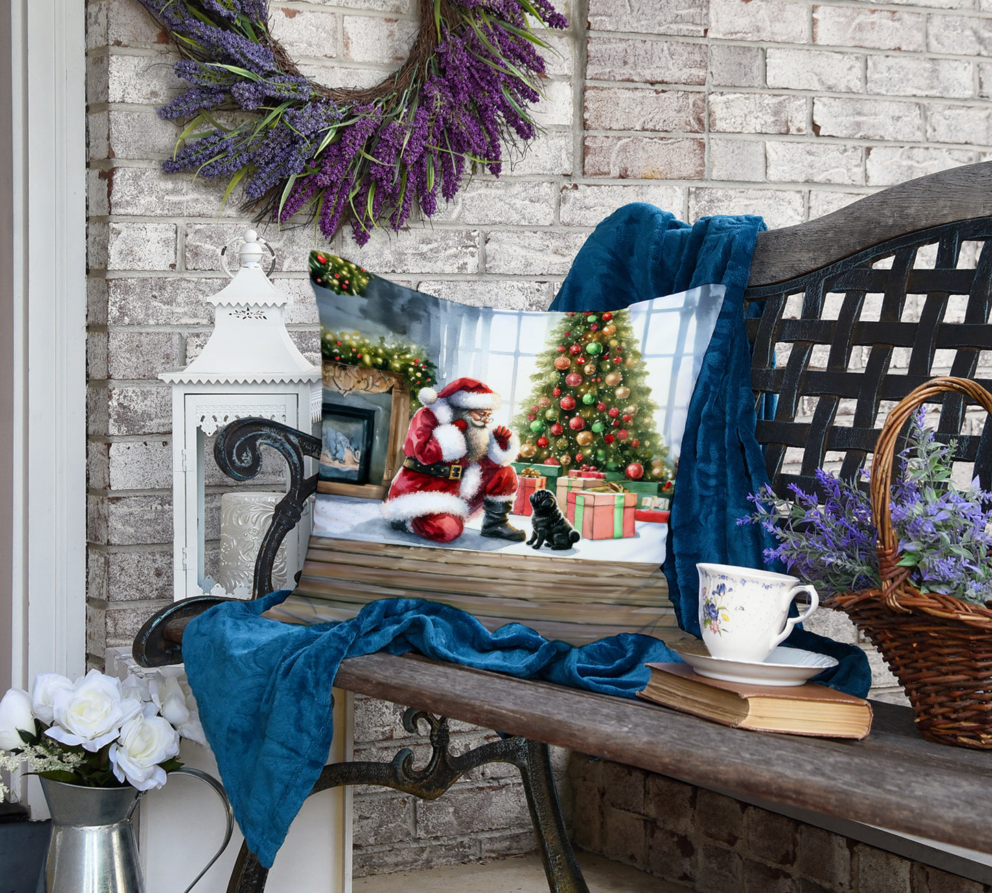 Black Pug and Santa Claus Throw Pillow