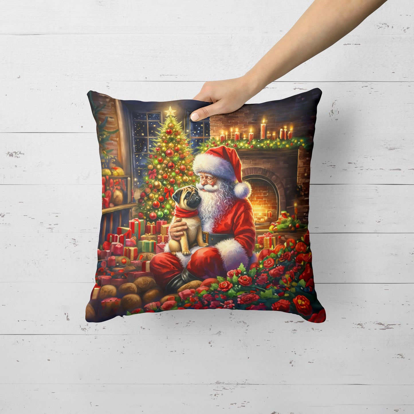 Fawn Pug and Santa Claus Throw Pillow