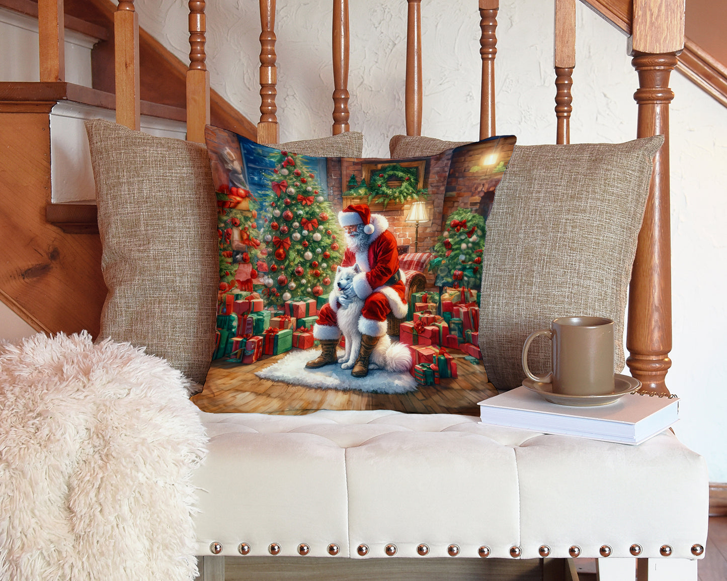 Samoyed and Santa Claus Throw Pillow