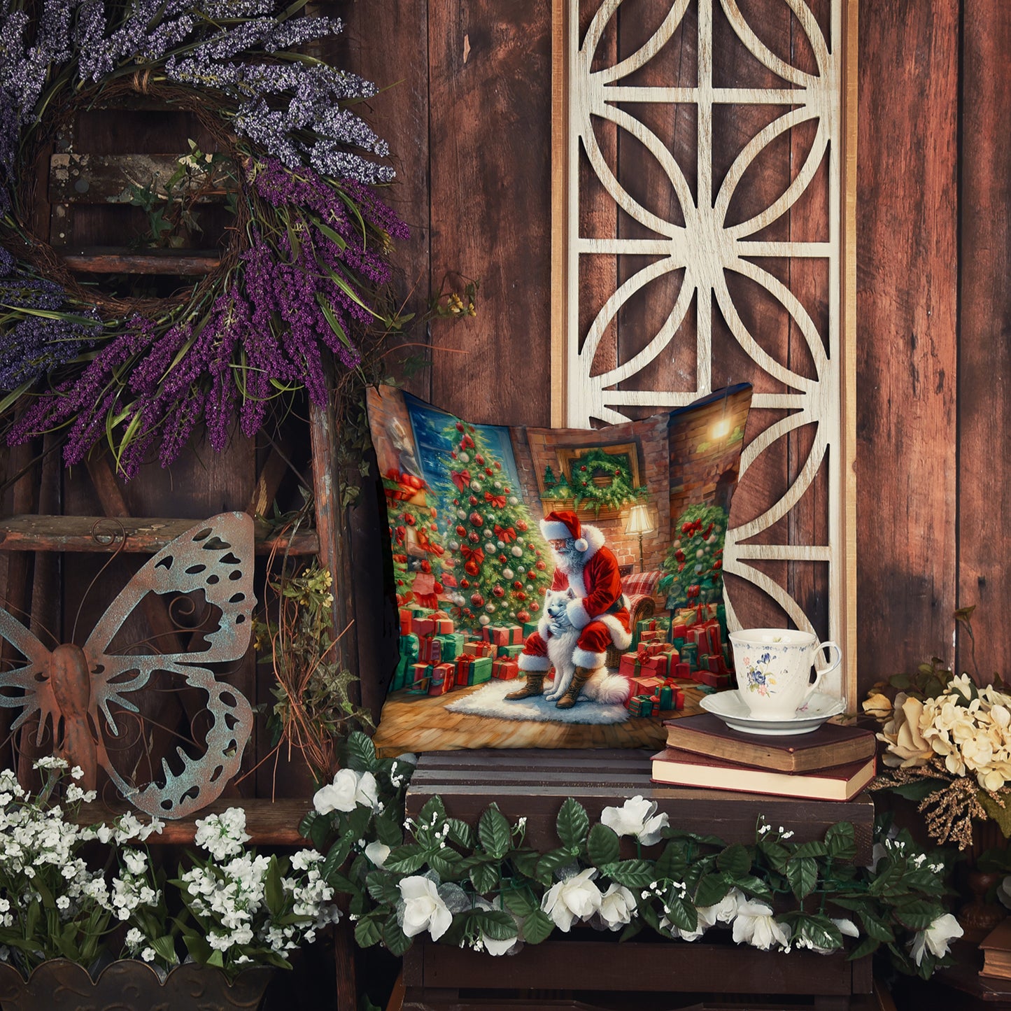 Samoyed and Santa Claus Throw Pillow