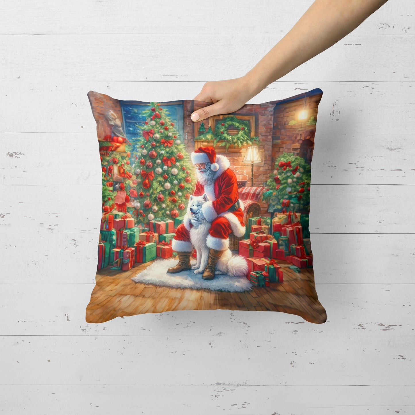 Samoyed and Santa Claus Throw Pillow