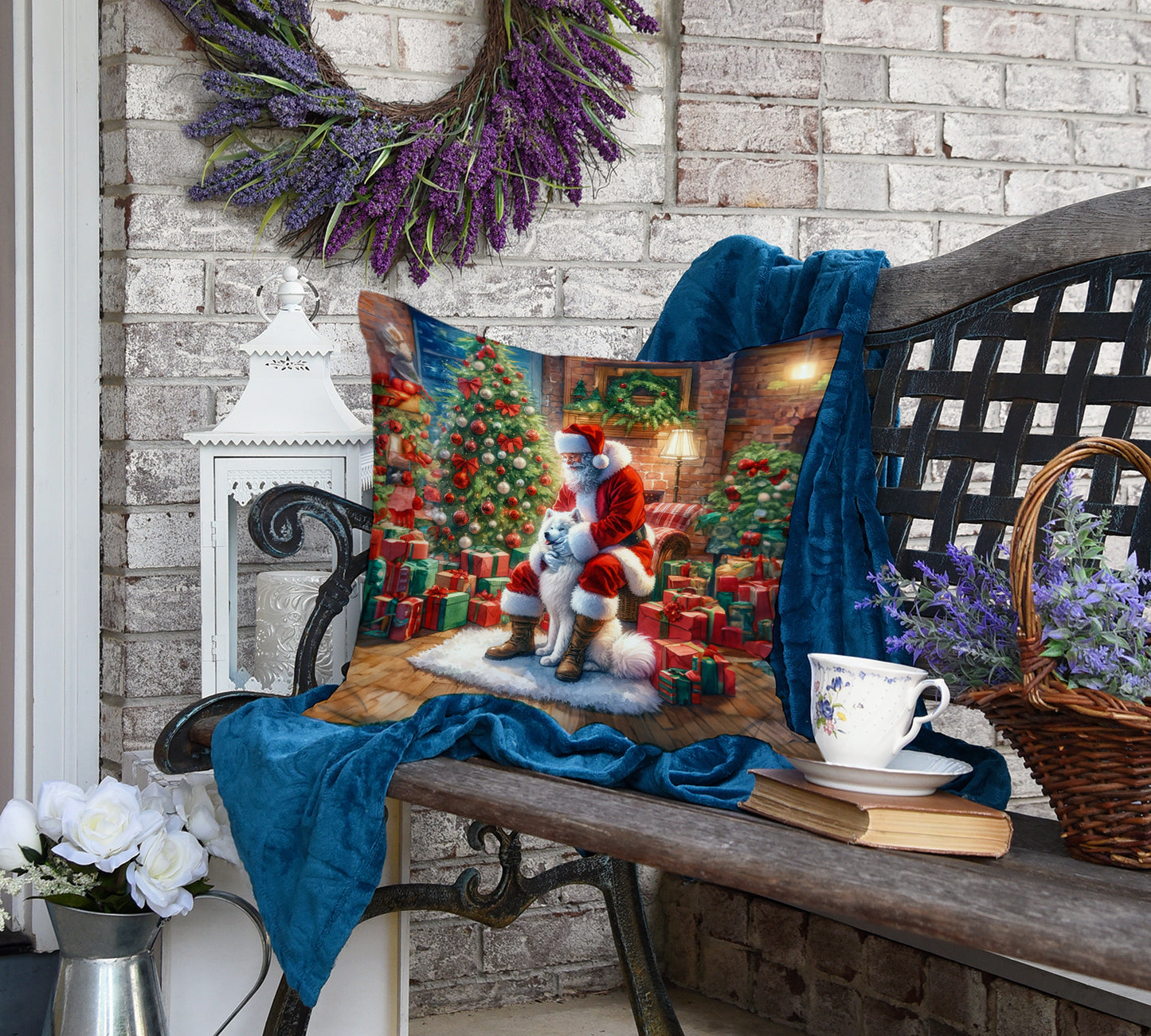 Samoyed and Santa Claus Throw Pillow