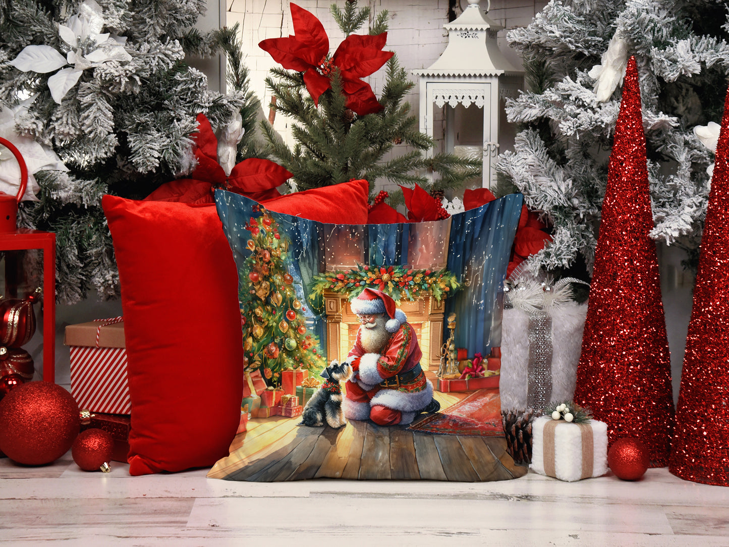 Schnauzer and Santa Claus Throw Pillow