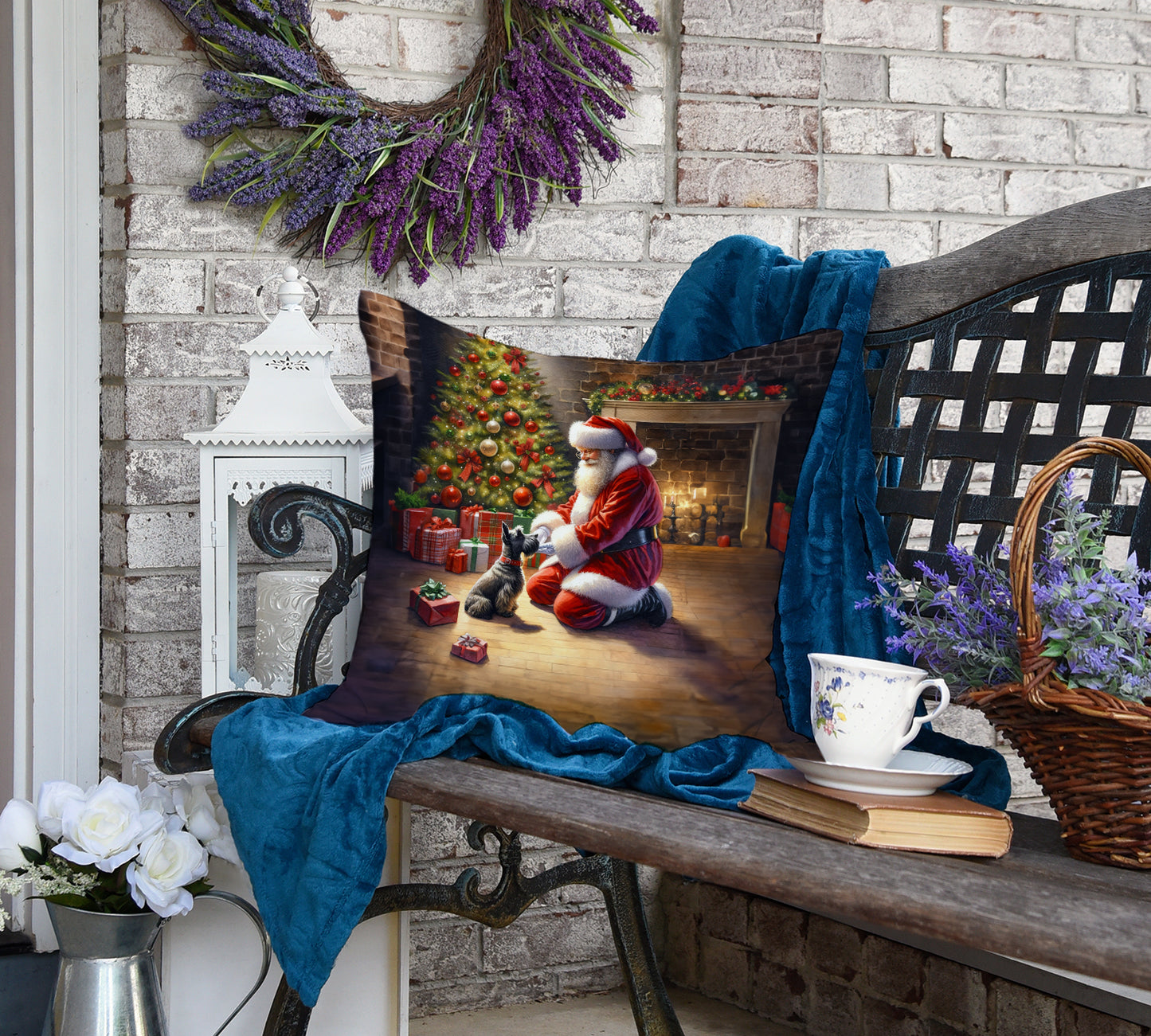 Scottish Terrier and Santa Claus Throw Pillow