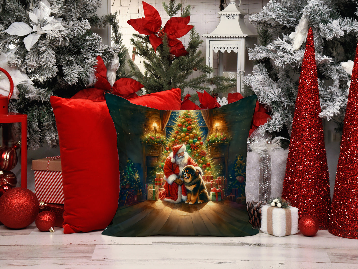 Tibetan Mastiff and Santa Claus Throw Pillow