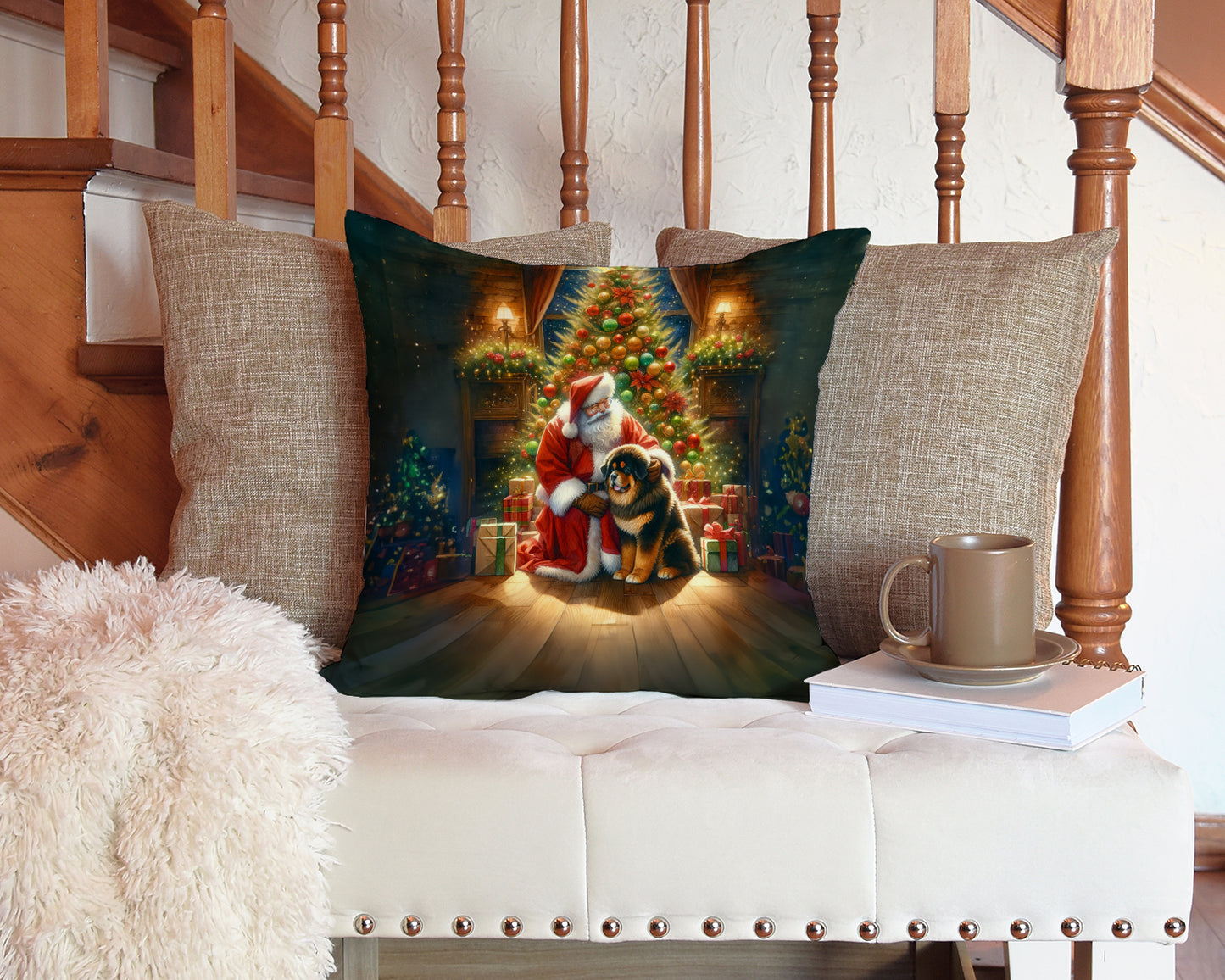 Tibetan Mastiff and Santa Claus Throw Pillow