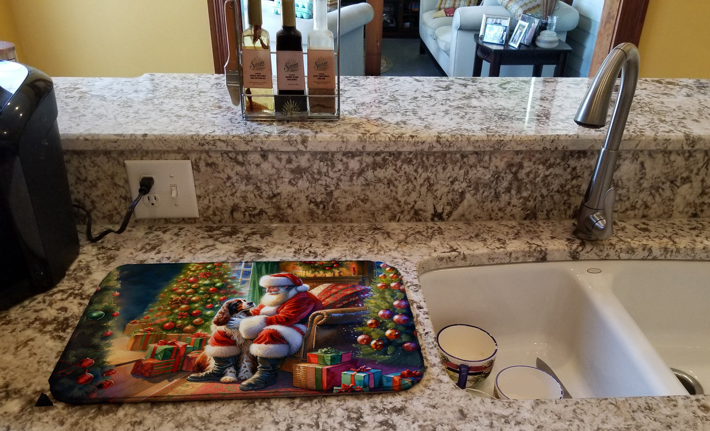 Welsh Springer Spaniel and Santa Claus Dish Drying Mat