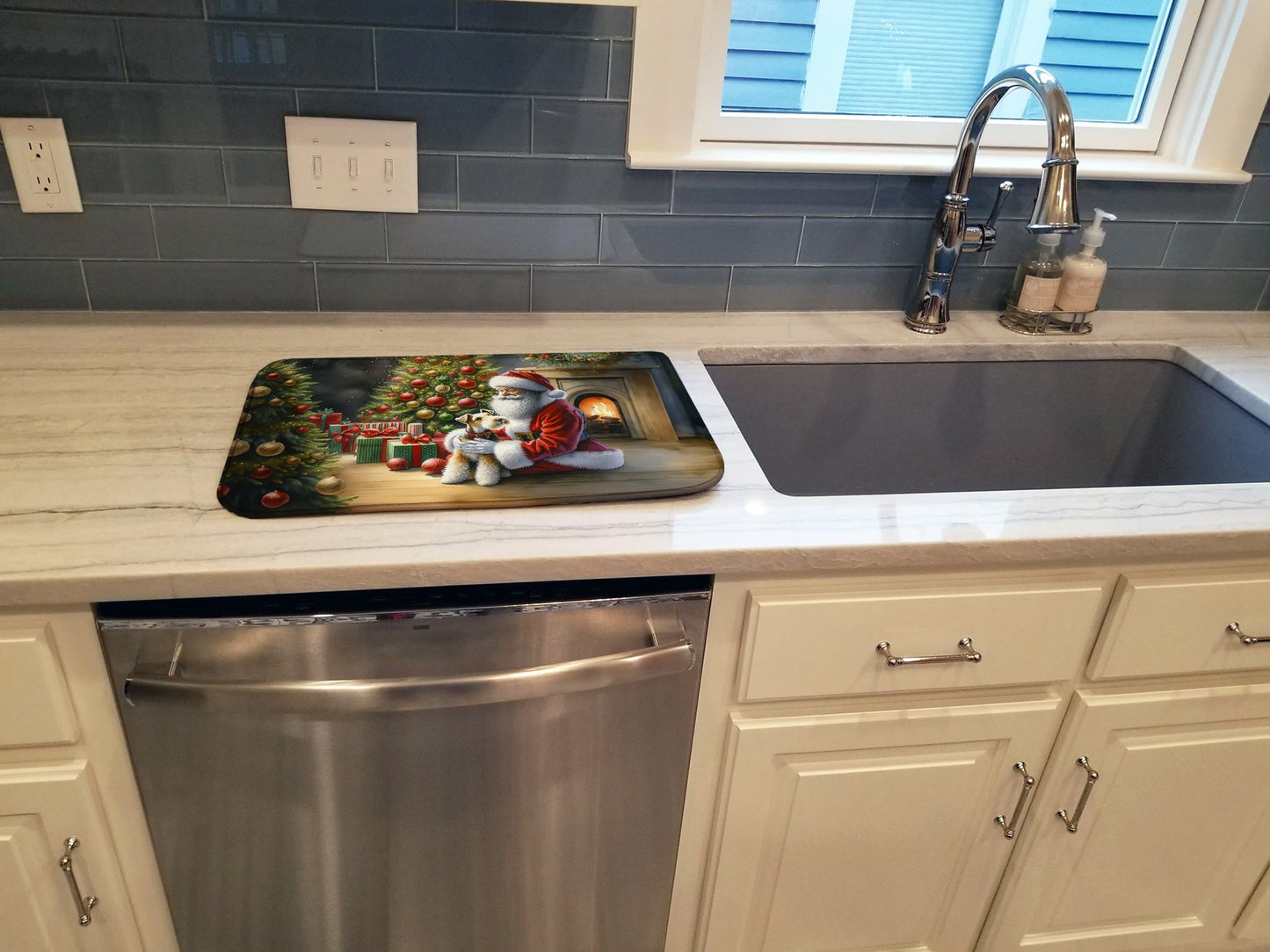 Fox Terrier and Santa Claus Dish Drying Mat