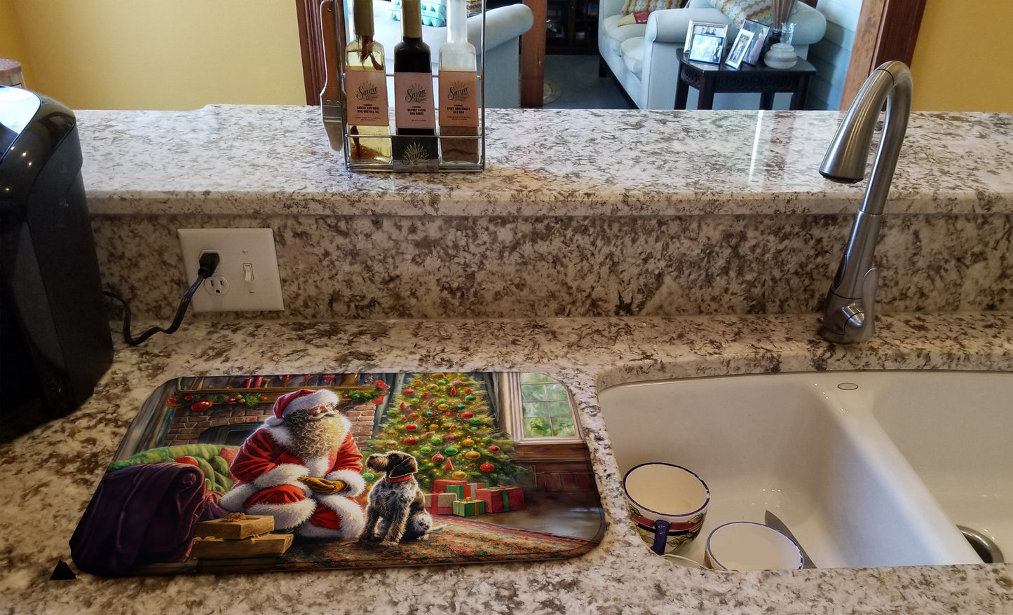 Wirehaired Pointing Griffon and Santa Claus Dish Drying Mat