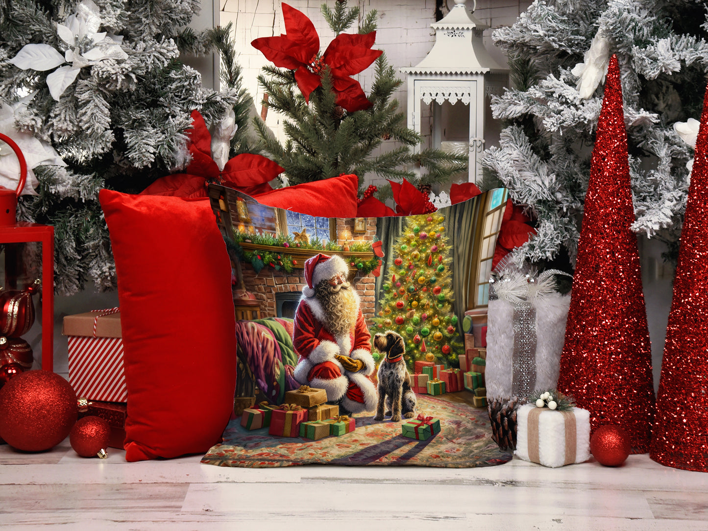 Wirehaired Pointing Griffon and Santa Claus Throw Pillow