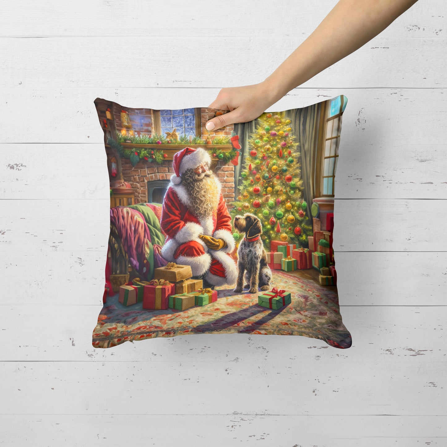 Wirehaired Pointing Griffon and Santa Claus Throw Pillow