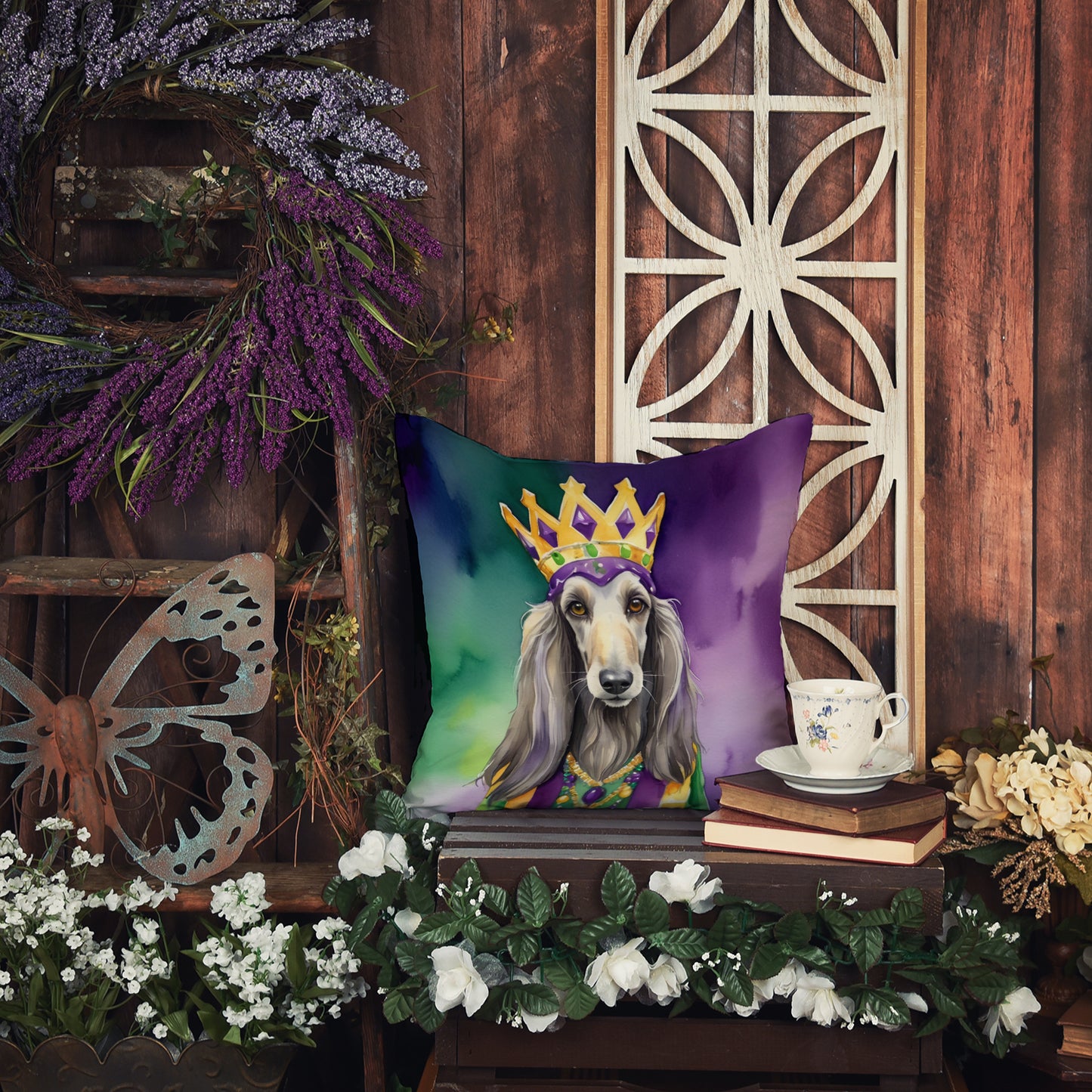 Afghan Hound King of Mardi Gras Throw Pillow