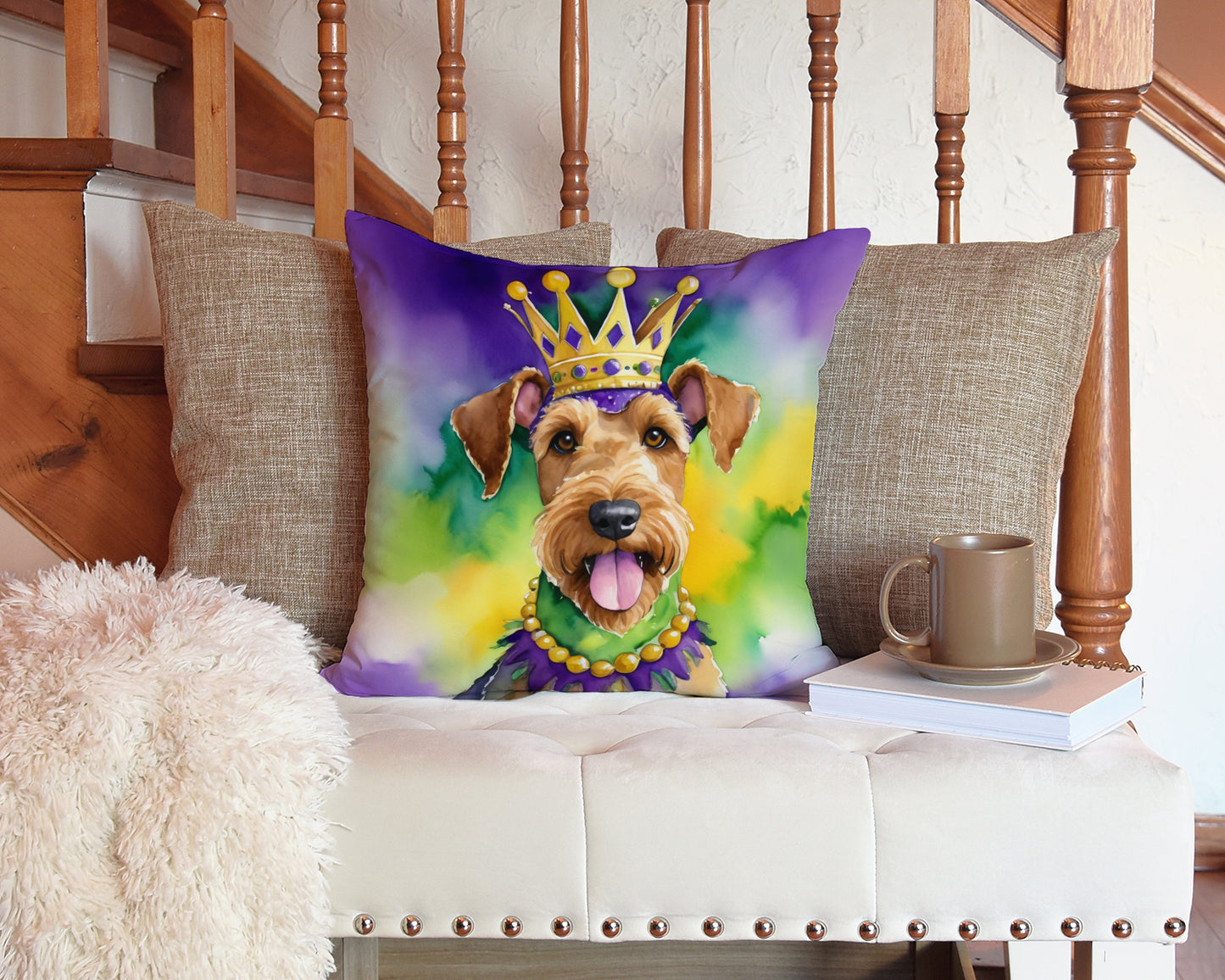 Airedale Terrier King of Mardi Gras Throw Pillow